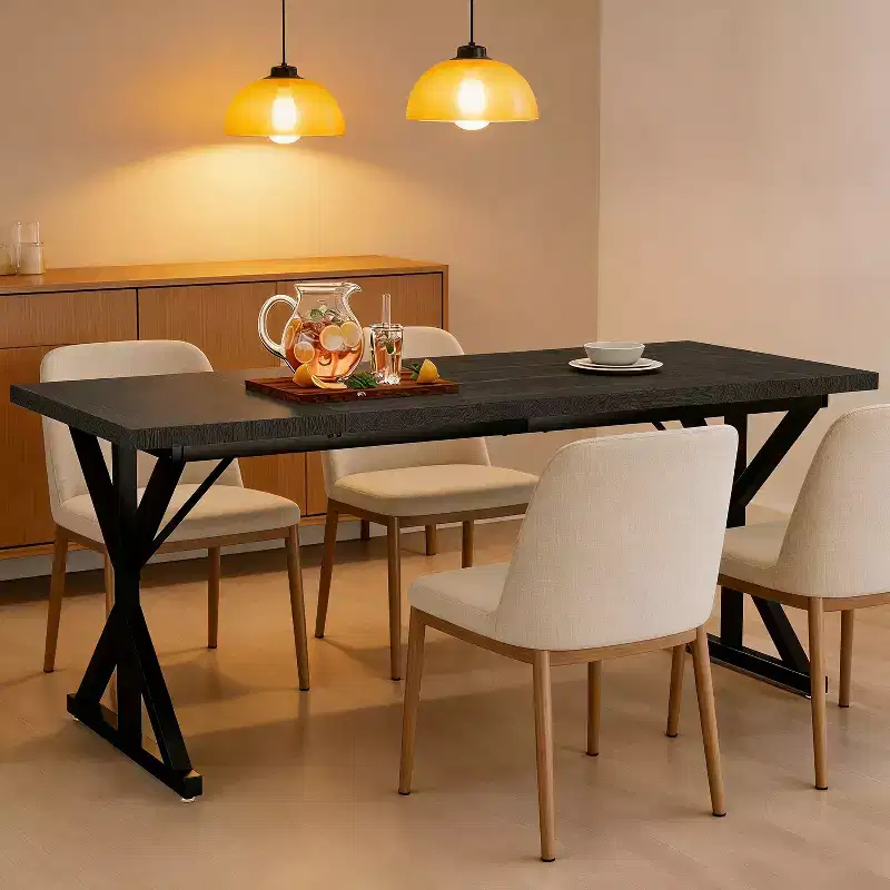Dyonery 70.8 Farmhouse Dining Table for 6-8 People, Rustic Rectangular Solid Wood Kitchen Table with Metal X-Legs, Water-Resistant & Easy Assembly