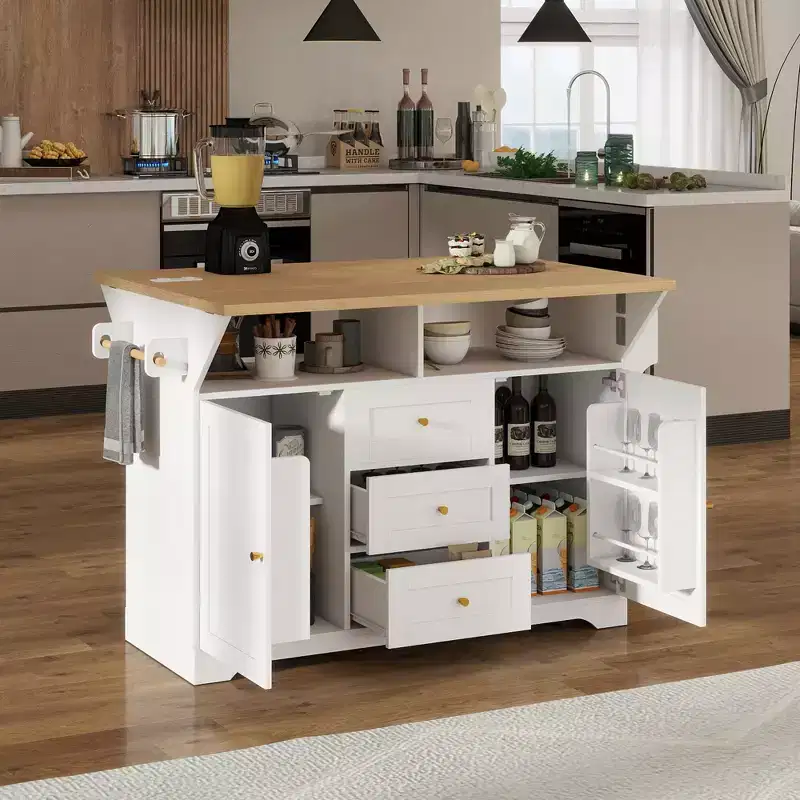 Rolling Kitchen Island with Power Outlet, Spice Rack & 2 Drop Leaf