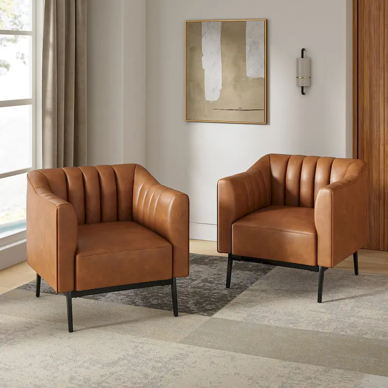 Alfons Industrial Leather Chair with Channel Tufting and Metal Leg Set of 2 by HULALA HOME