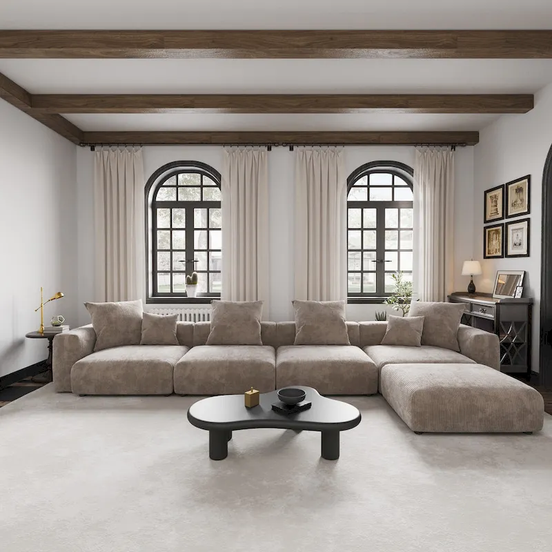Black / Beige / Light Brown L-Shape Corduroy Sectional Sofa with Ottoman, 5-Seat, With Arms or Armless