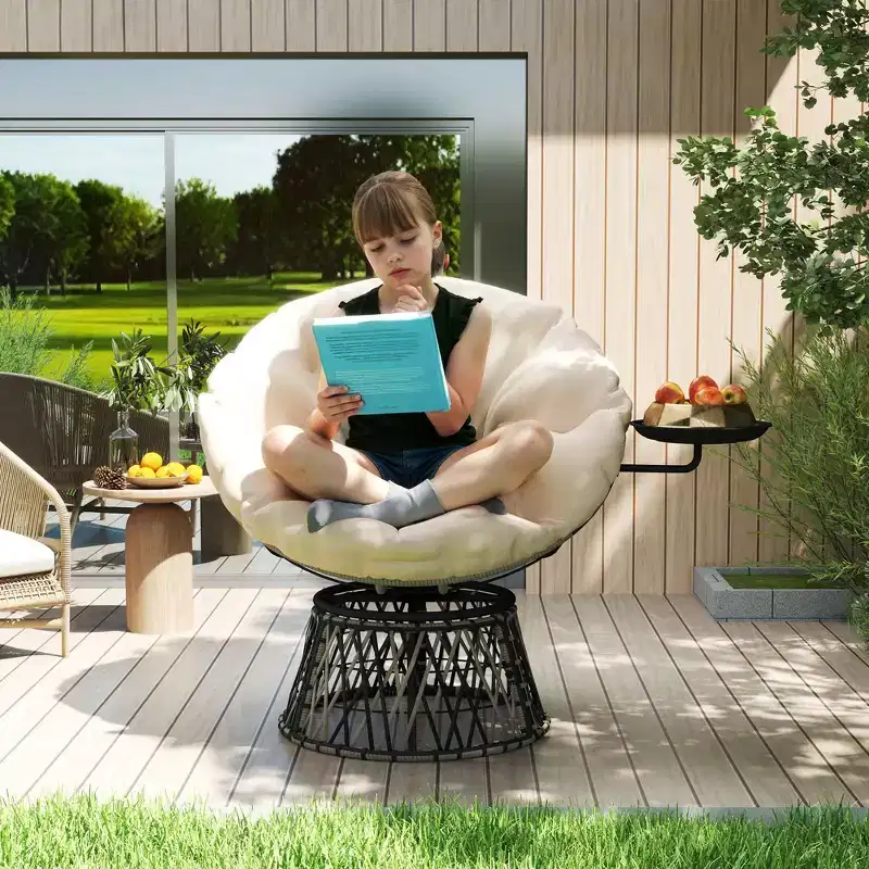 360 Degree Swivel Outdoor Papasan Chair, 39 Overstuffed Circle Chair with Side Tray, Thick Cushion for Indoor Patio