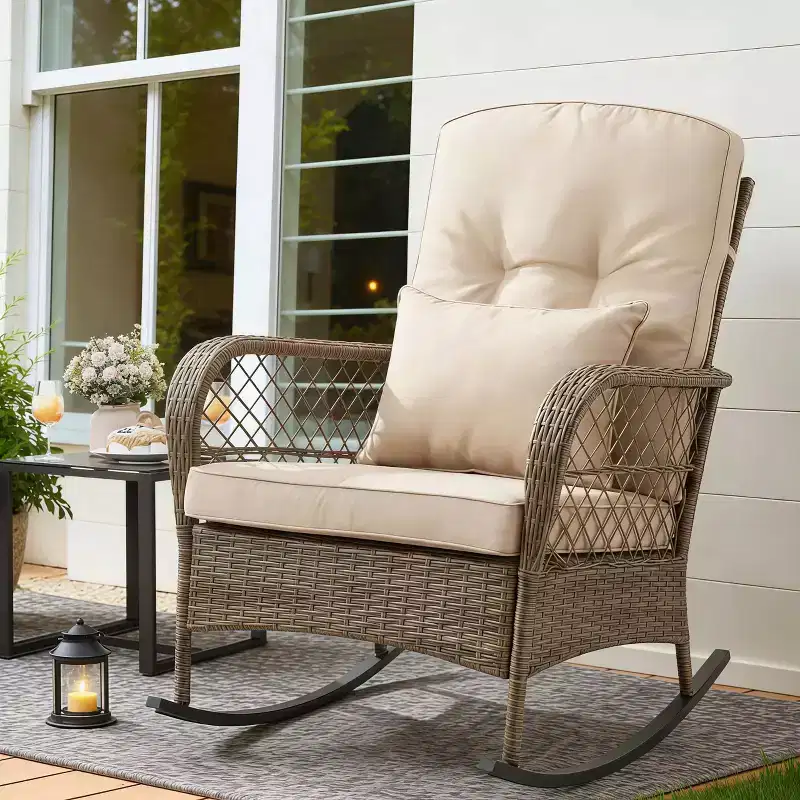 Outdoor Wicker Rocking Chair Set, PE Rattan Patio Rocker with Cushions, Garden Conversation Set for Porch Deck Balcony