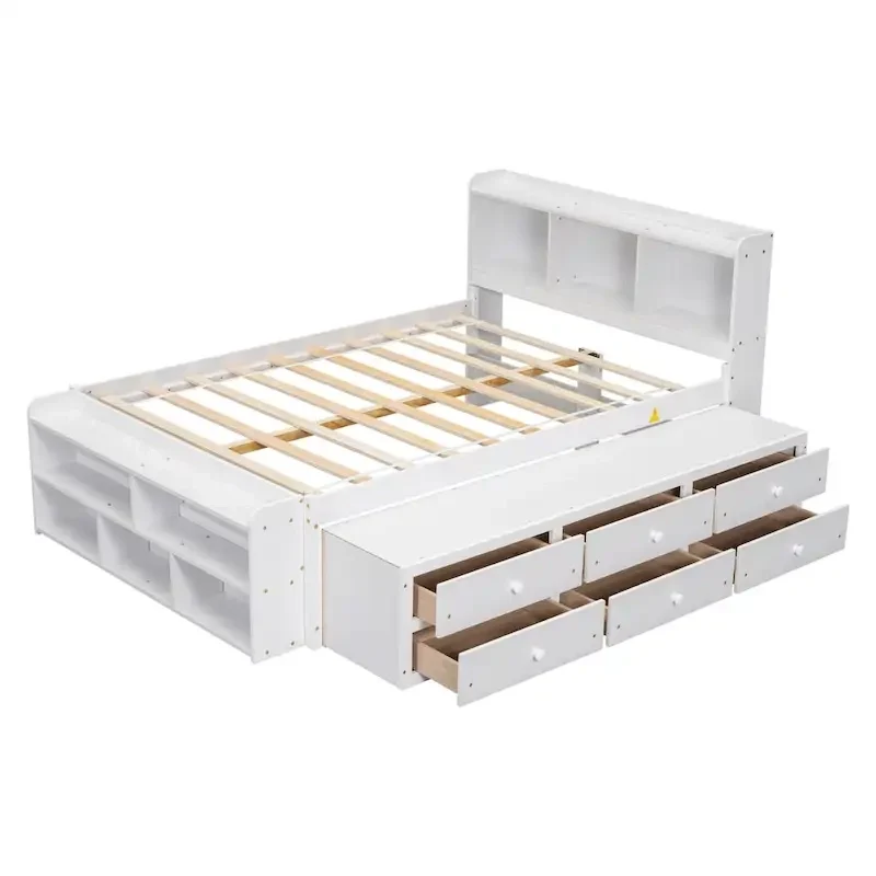Full Bed with Bookcase Headboard, Under bed Storage Drawers and Bed End Storage Case