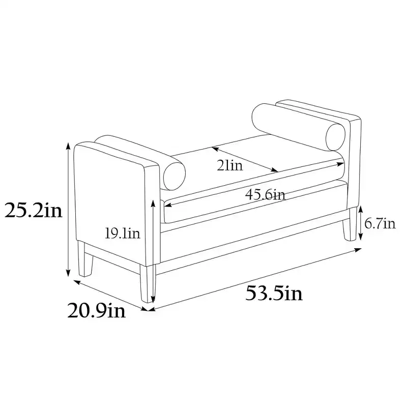 53.5 W Upholstered Bench, Wood Legs & Bolster Pillows, Boucle Fabric, for Bedroom, Living Room, Entryway