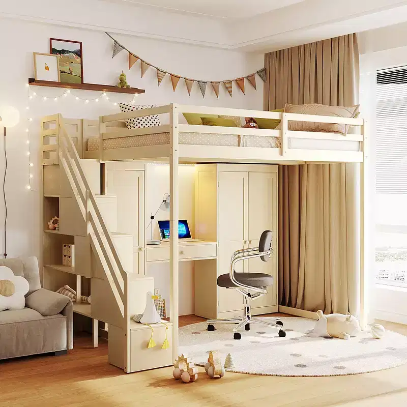 Full Loft Bed with Storage Staircase, Built-In Dressing Table with Mirror and Drawer, Wardrobe