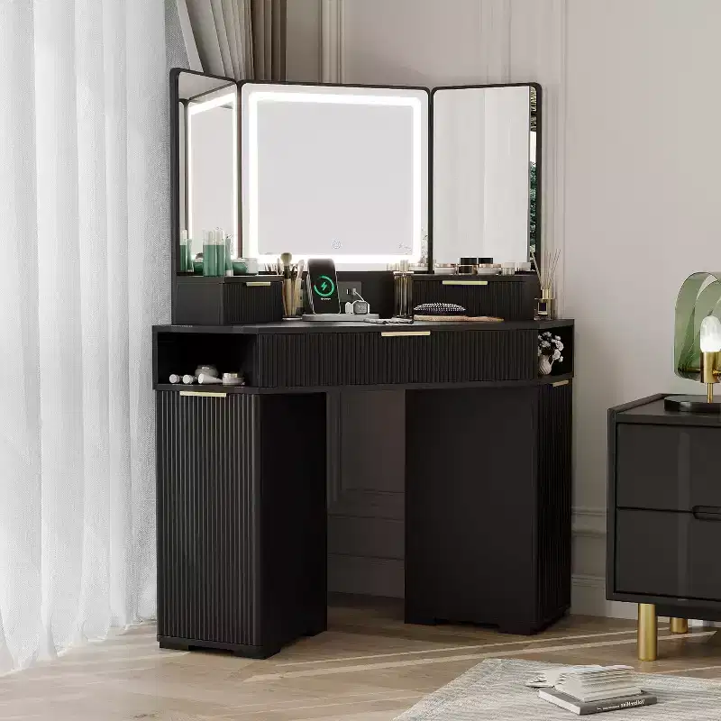 Corner Vanity Desk with 3-Fold Mirror and 3-Color Lights, Fluted Makeup Table with Charging Station, Drawers, Storage Cabinets for Bedroom