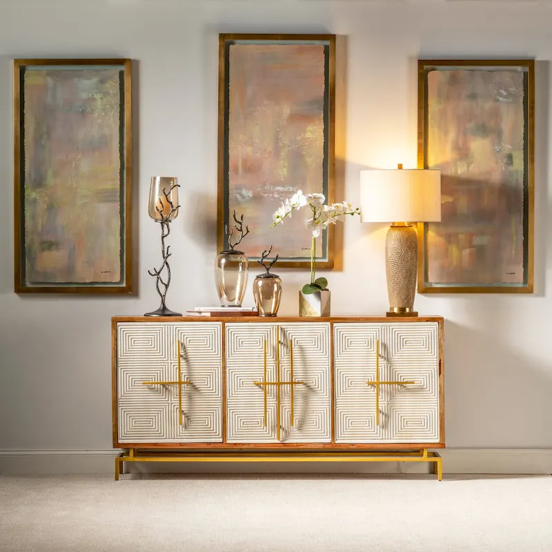 White & Natural Mango Wood 3 Door Sideboard w Gold Hardware - 69W x 16D x 34H