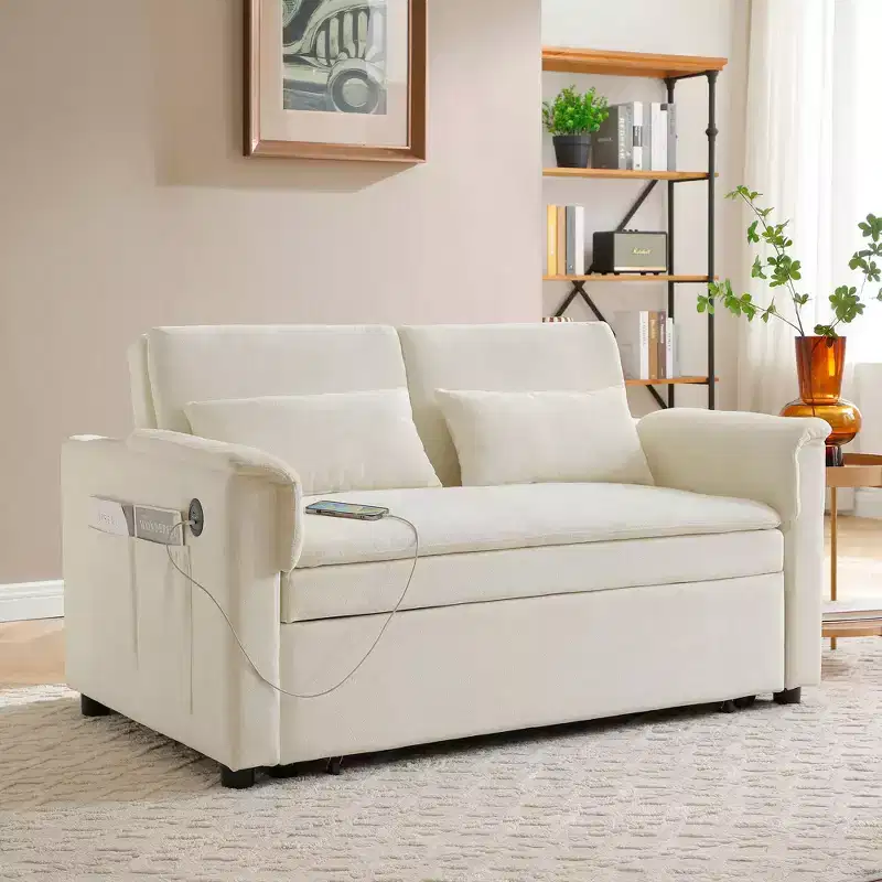 Convertible Sofa Bed Couch with Side Pockets & Adjustable Backrest,Velvet Upholstered Loveseat Sofa for Living Room,Bedroom
