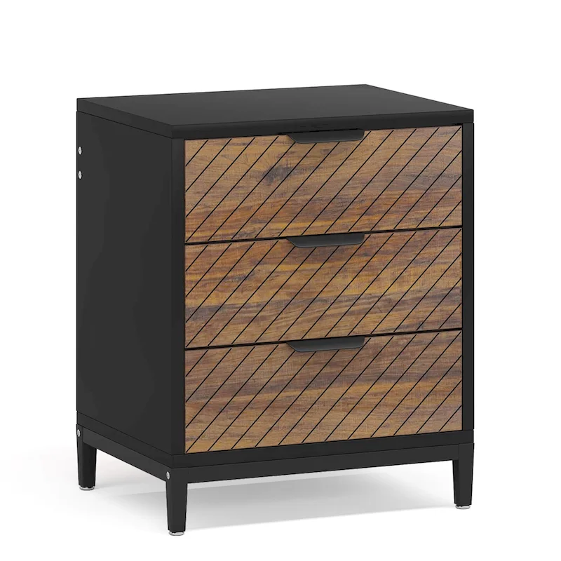 3-Drawer Nightstand with Gold Handles, Light Wood Grain, Particle Board and Metal Frame, 19.69W x 15.75D x 24.6H in