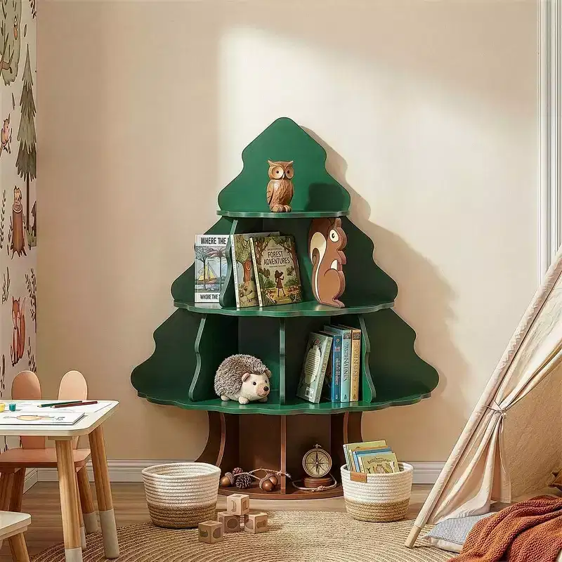 4-Tier 12-Compartment Kids Bookshelf, Christmas Tree and Squirrel Design, MDF