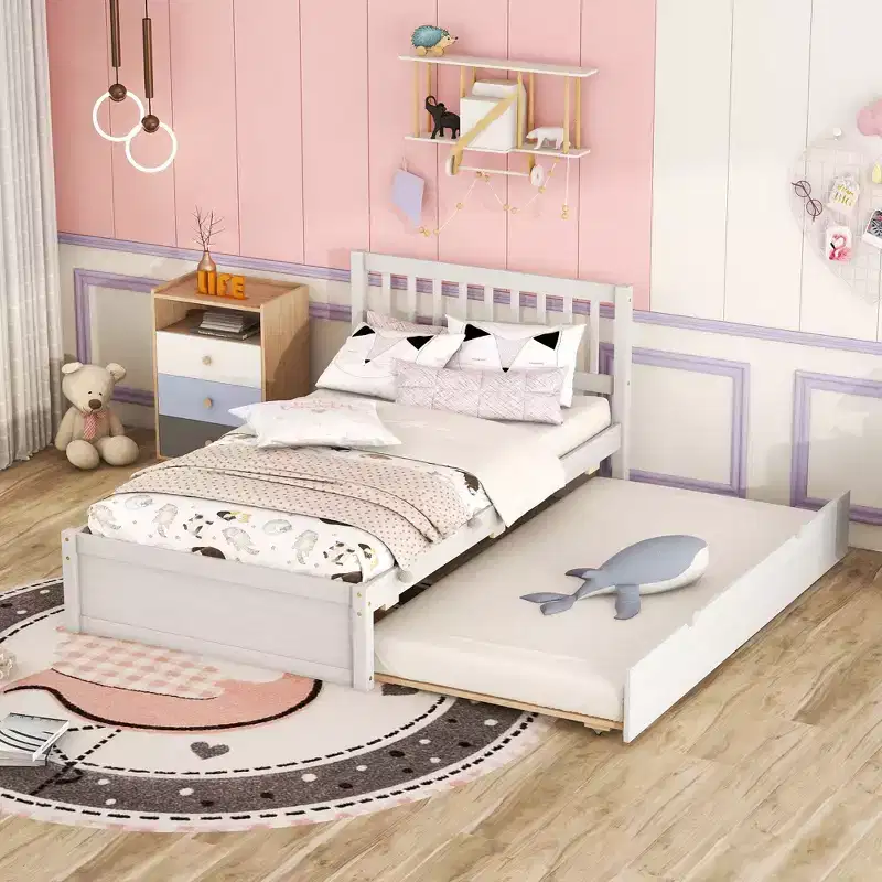 Twin Size Bed Frame with Trundle,Wood Platform Bed with Headboard,Twin Bed Frames for Kids,Teens,Adults,No Spring Needed, White Washed