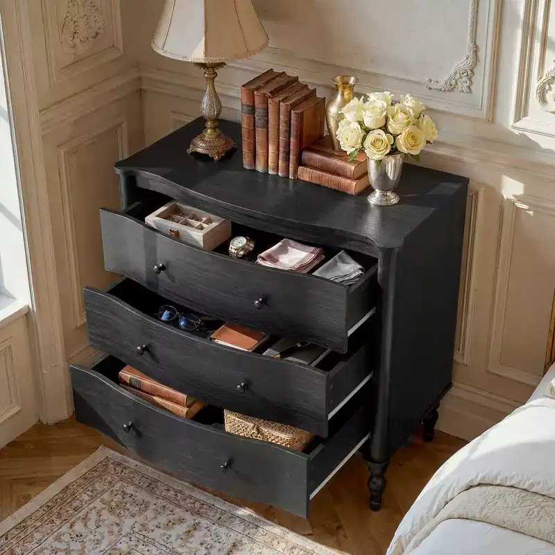 3-Drawer Wood Nightstand with Curved Front & Vintage Turned Legs