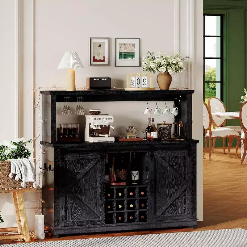 55 Inch Coffee Bar Cabinet with Sliding Barn Door, Wine Glass Rack Storage for Dining Room