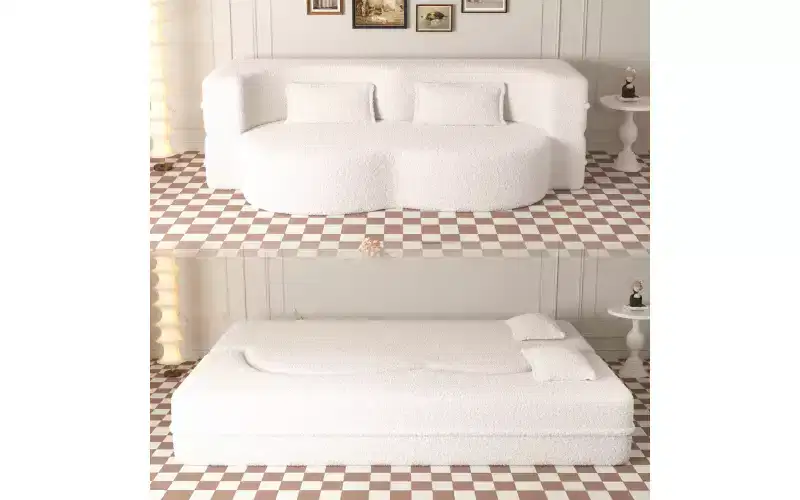 EHMKNP Modern Floor Sofa with 2 Pillows,Convertible Teddy Fabric Foam-Filled Sleeper Sofa Bed,for Living Room