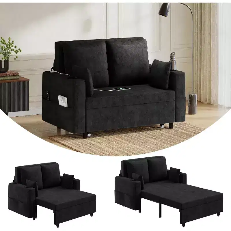 3-In-1 Pull-Out Couch, 56 Loveseat Sleeper Sofa Bed with Cup Holders & USB Charging, Full Size Pull-Out Sofa Couch
