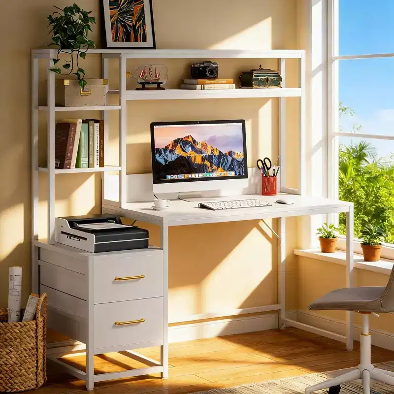 Tall Computer Desk with Hutch, 2 Drawers & Open Shelves, Modern Writing Table, White, 59.89