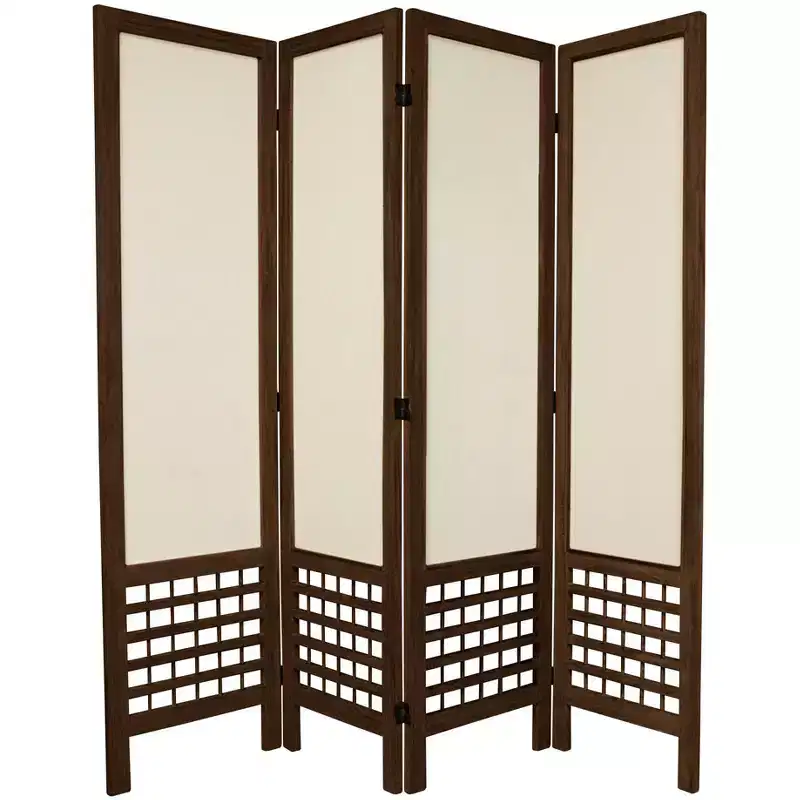 5 1/2ft. Tall 4 Panels Open Lattice Fabric Room Divider Burnt Brown - Oriental Furniture: Hardwood Frame, No Assembly Required
