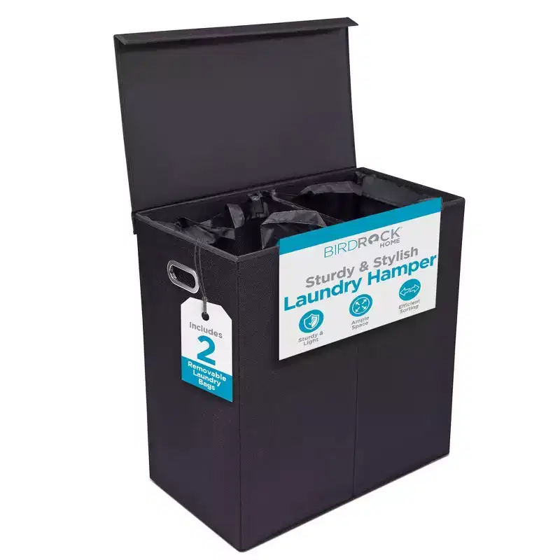 BirdRock Home Double Linen Laundry Hamper with Lid and Removable Liner - Black