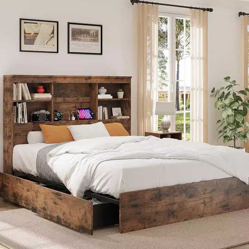Acekool Vintage Storage Bed - Bookcase Headboard & 4 Drawers