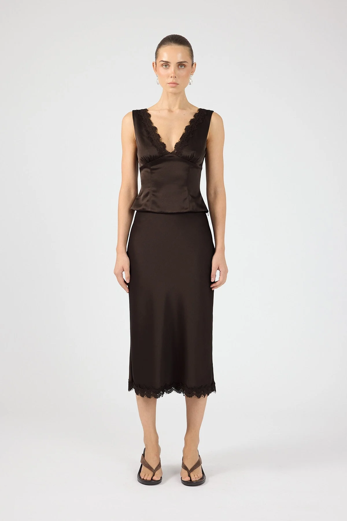 Satin Lace Midi Skirt Brown