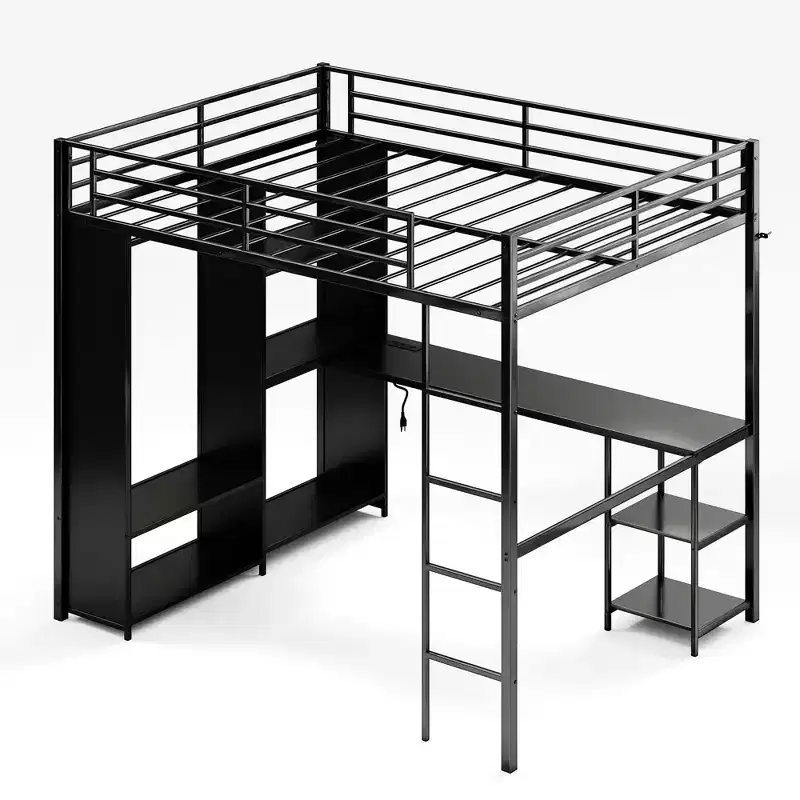Queen Size Loft Bed with Desk and Storage Shelves, Metal Gaming Loft Bed Queen with Hanging Rod, Wardrobe, Guardrail and Ladder, Space Saving Design