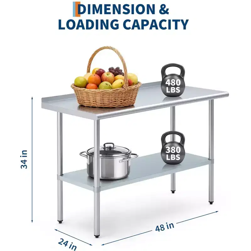 Stainless Steel Worktop, 24*48 Commercial Kitchen Worktop with Back Panel, Adjustable Base and Feet, Suitable for Restaurants, Garages and Outdoors
