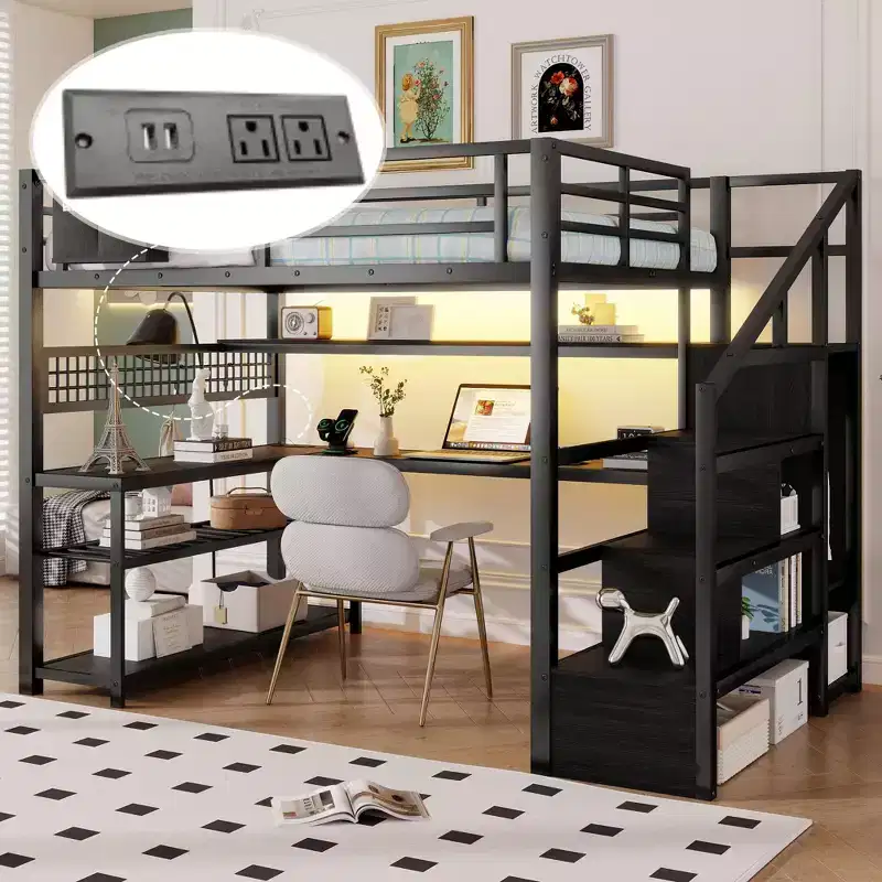 Full Size Loft Bed with Storage Staircase & Wardrobe,Metal Loft Bed with Desk,Storage Shelves,Charge Station,LED Lights for Teens & Adults