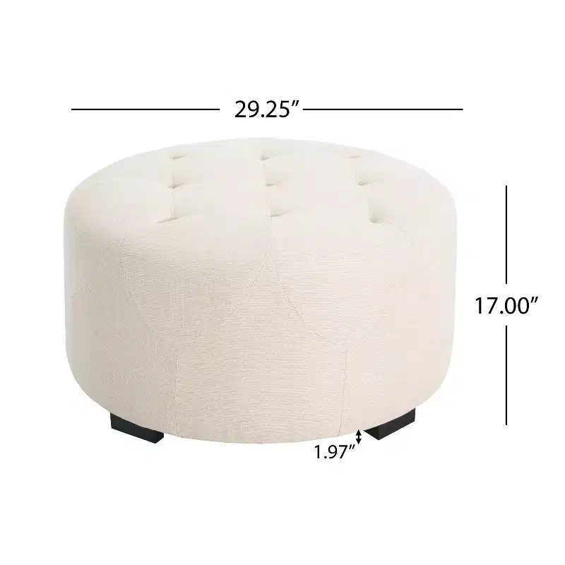 Round Button Tufted Ottoman, PU/Linen Upholstered Footstool with Birch Wood Legs