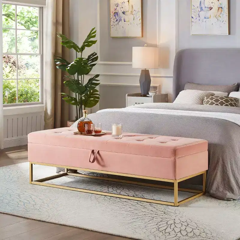 Metal Base Storage Velvet Bench, Bed Bench for Living Room, Pink