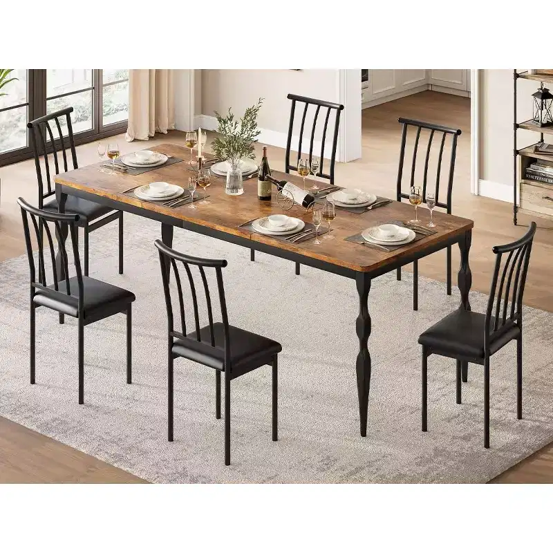 Rectangular Dining Table, Rustic Farmhouse Kitchen Table with Large Tabletop, Long Wooden Dining Room Table, Dinette and Dinner Desk for Party