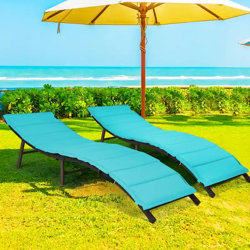Gymax Set of 2 Folding Wicker Chaise Portable Lounge Chair w/ - 81x 23.5x 20