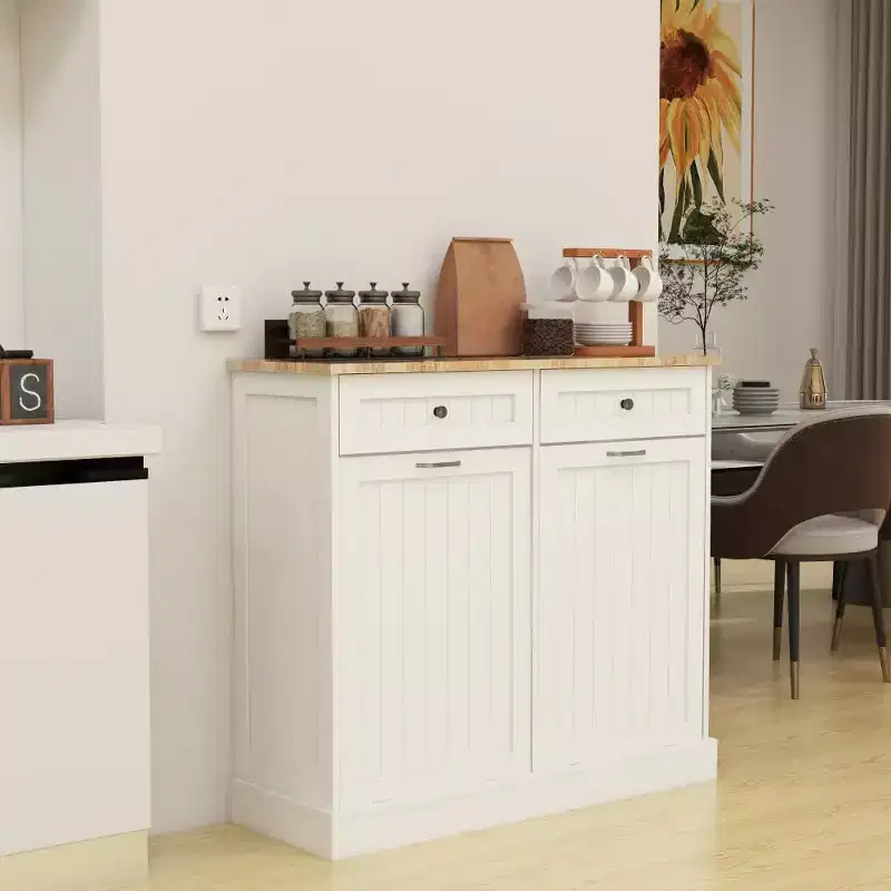 Freestanding Tilt Out Trash Cabinet20-Gallon Kitchen Garbage and Recycling Bin Holder with 2 Hideaway Drawers, Pet-Proof, for Kitchen or Living Room