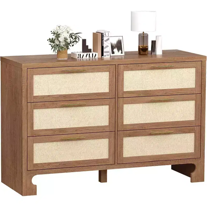 Oak Rattan 6-Drawer Dresser with Gold Handles and 5 Sturdy Legs, Farmhouse Style for Bedroom, Living Room & Entryway