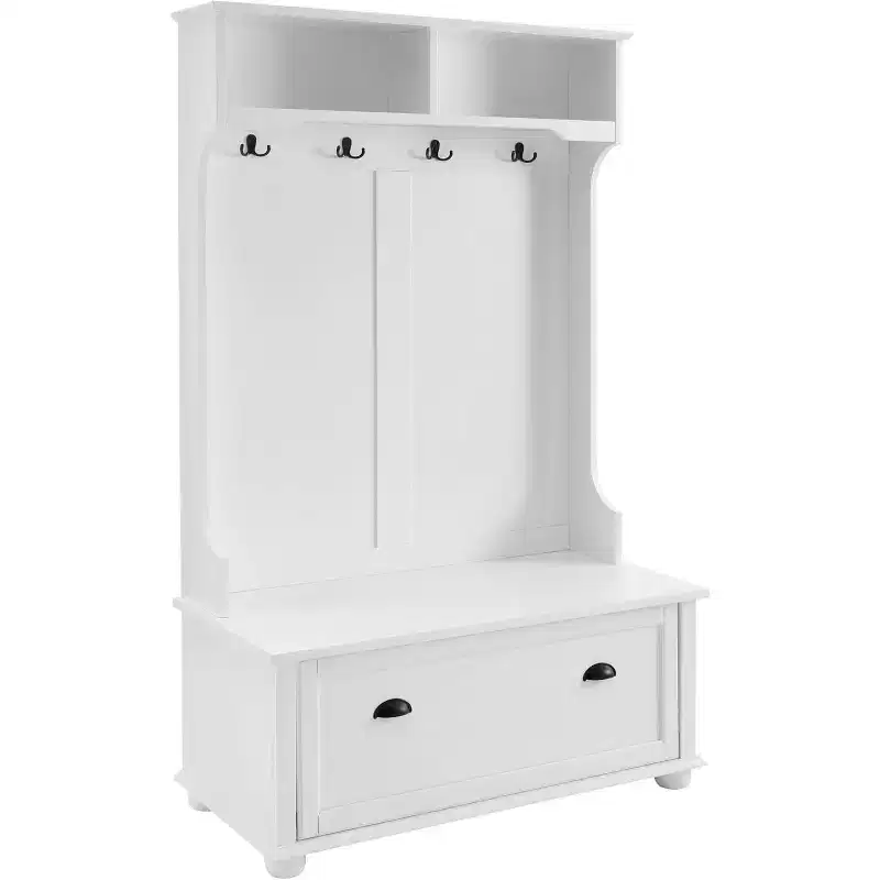 4-in-1 Hall TreeEntryway Coat Rack with Top Shelf, Storage Bench, 4 Hooks, Flip Door, Open Shelves, Side Bench for Hallway or Entryway