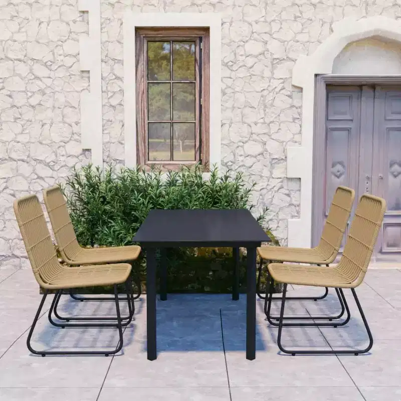 vidaXL Dining Set Oak, Black Poly rattan, powder-coated steel, glass