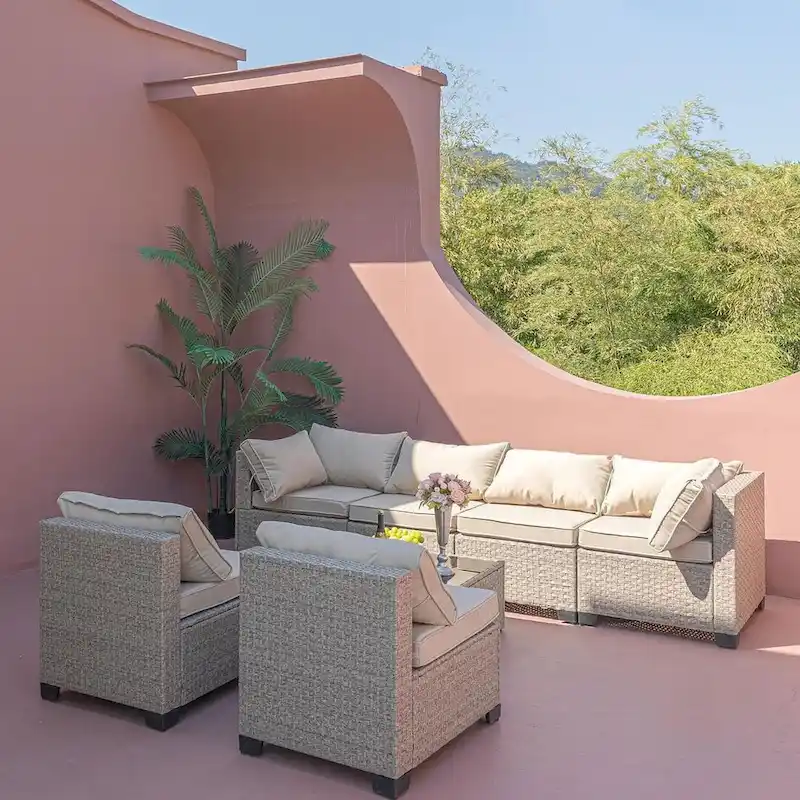 7-piece Outdoor Patio Wicker Conversation Set With Glass-Top Table