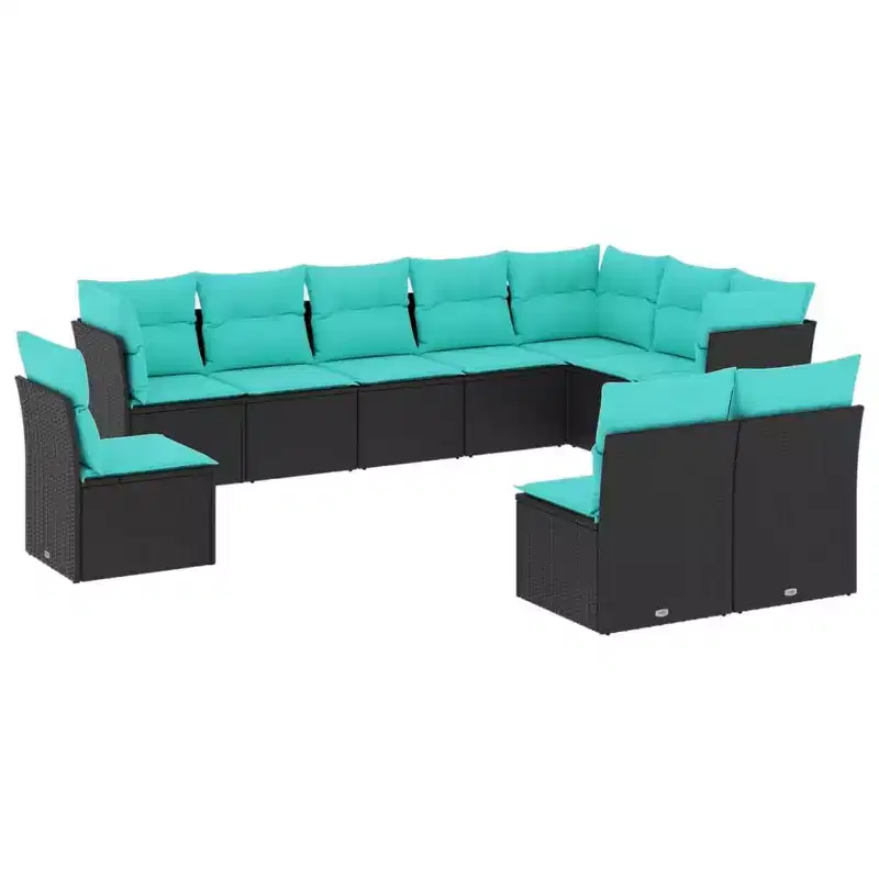 vidaXL 10 Piece Patio Sofa Set with Cushions Black Poly Rattan - Black and Blue Without Table