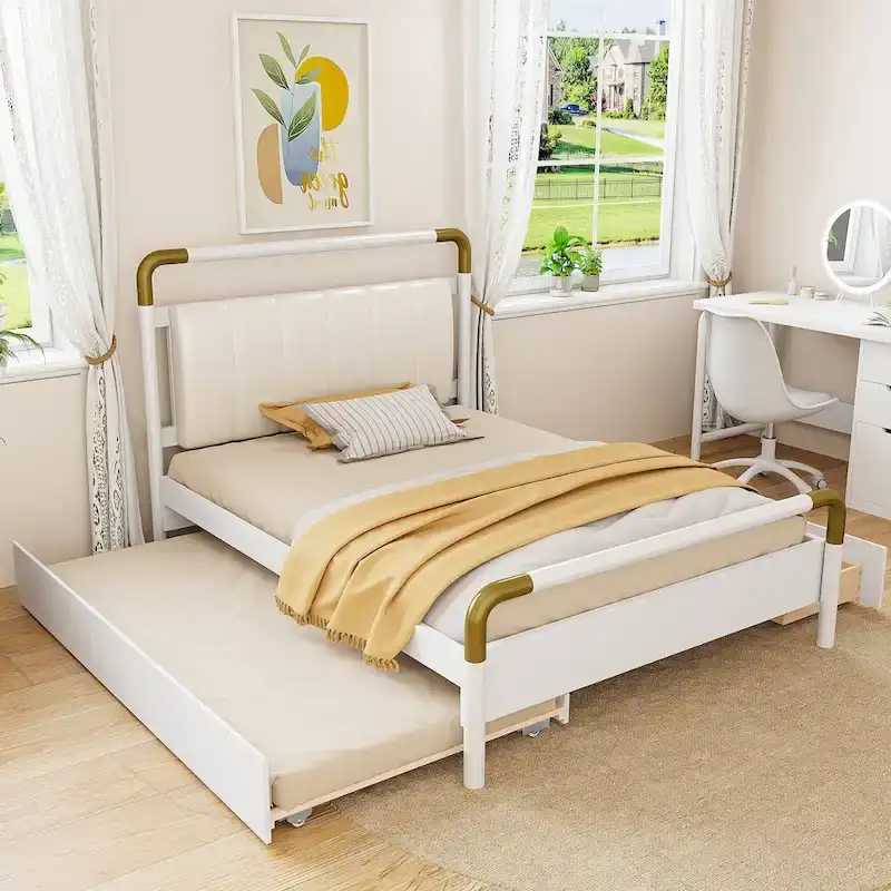 Queen Wood Platform Bed with 2 Storage Drawers & Twin XL Trundle