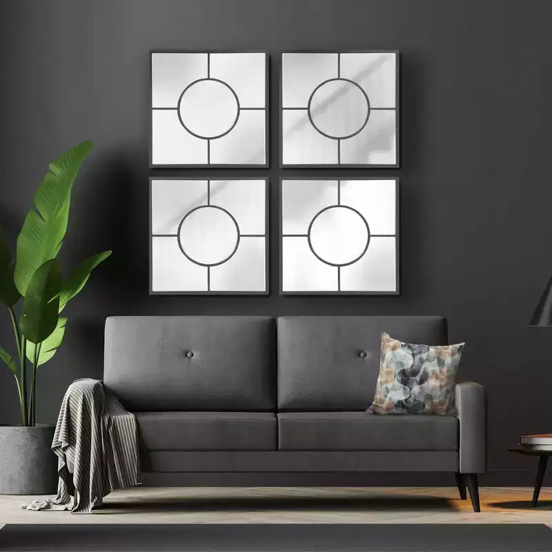 24"x24" Square Geometric Wall Mirror with Graphite Frame: Modern Decor, Metal, Wall Mount