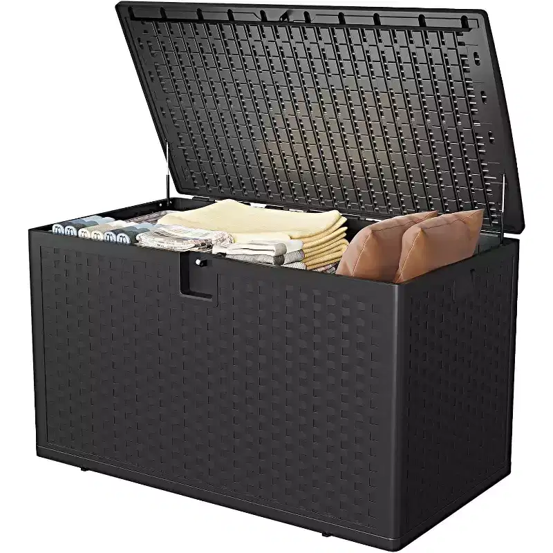 Acekool 120 Gallon Outdoor Storage Box, Lockable Deck Box, Waterproof Resin Patio Organizer with Rattan Finish, for Garden & Backyard