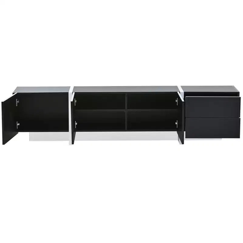 Modern TV Stand with High Gloss UV Surface for TVs up to 80 Inches, Entertainment Center with 3 Cabinets and 2 Drawers, Black