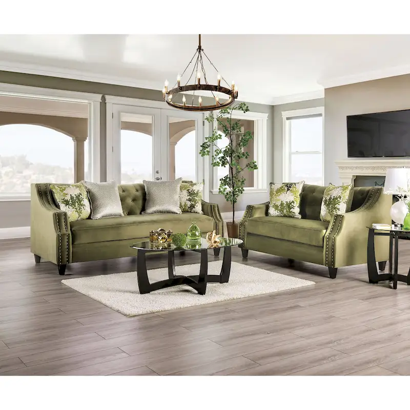 Olie Transitional Green Microfiber Sloped Arms 2-Piece Living Room