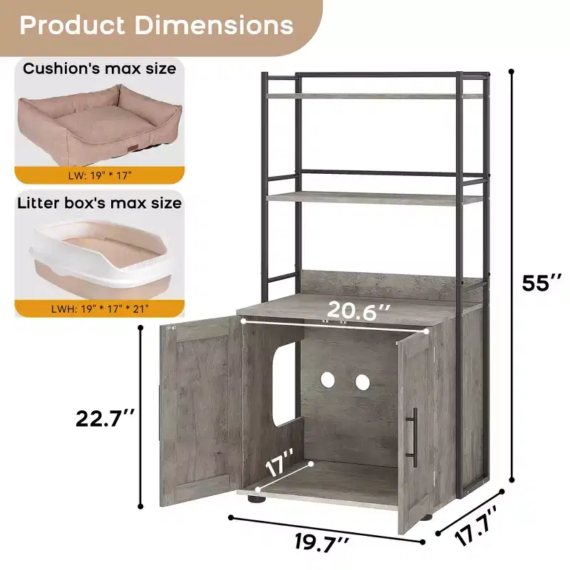 55Cat Litter Box Enclosure, Hidden Cat Washroom Cabinet with 2 Tier Storage Shelves and Doors, Hidden Litter Box Furniture for Plants, Food & Decor