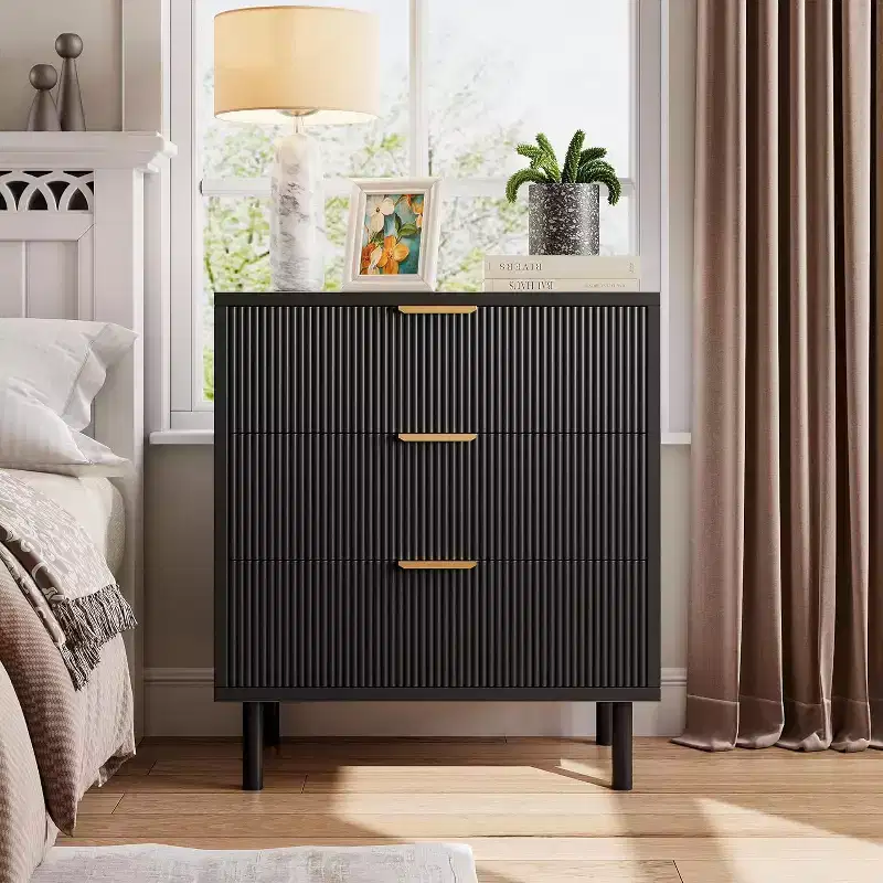 Fluted 3 Drawer Dresser,Wood Chest of Drawers with Storage Modern Wide Nightstand Bedside with Metal Legs & Handles for Bedroom Living Room Hallway