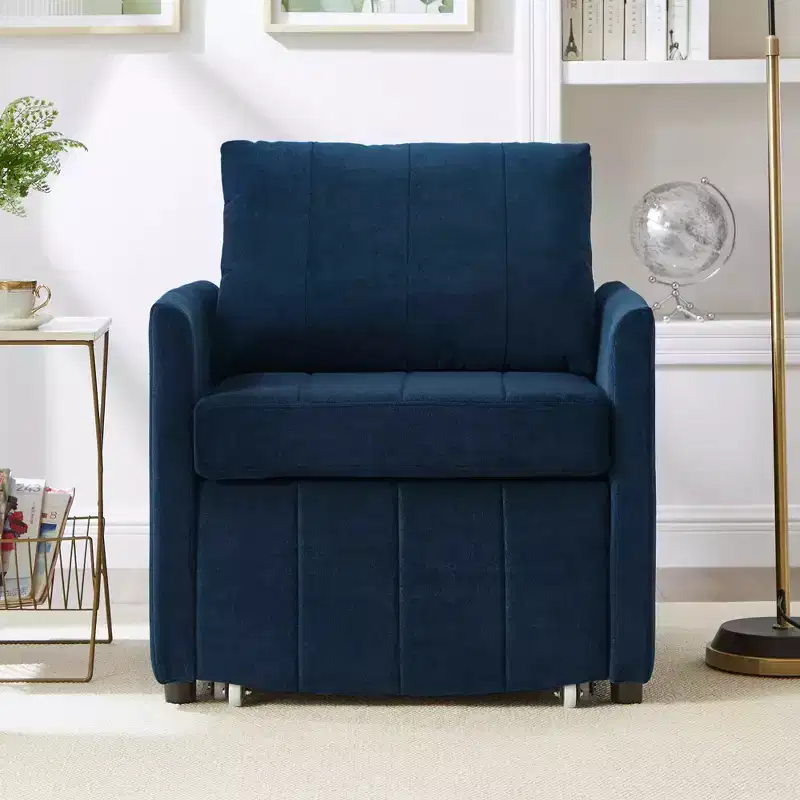 MAYEERTY Uphlostered Convertible Sleeper Sofa Sode Pockets and Storage Basket for Living Room Blue