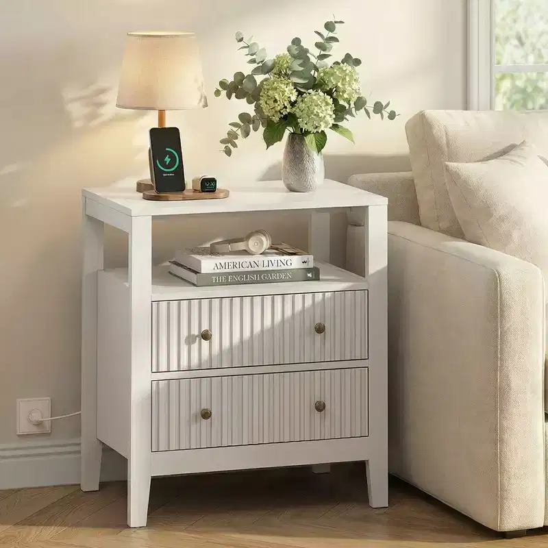 Fluted Nightstand with Charging Station