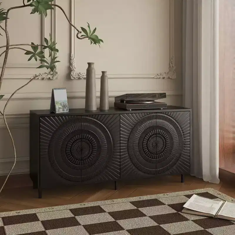 Okak Modern Sideboard Buffet, Storage Cabinet with 2 Doors and Hand-carved Patterns, Curio Cabinet for Dining Room, Living Room, Kitchen