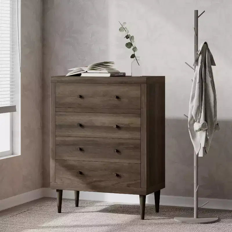 4-Drawer Chest with Tapered Legs and Faux Wood Finish, Mid-Century Modern Style
