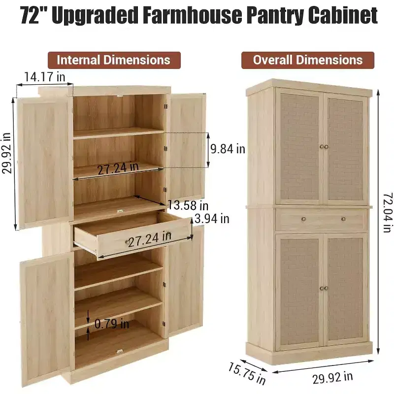 72 Tall Kitchen Pantry Cabinet, Freestanding Storage Cabinet with 4 Woven Panel Doors, Farmhouse Food Cabinet, for Kitchen, Dining Room