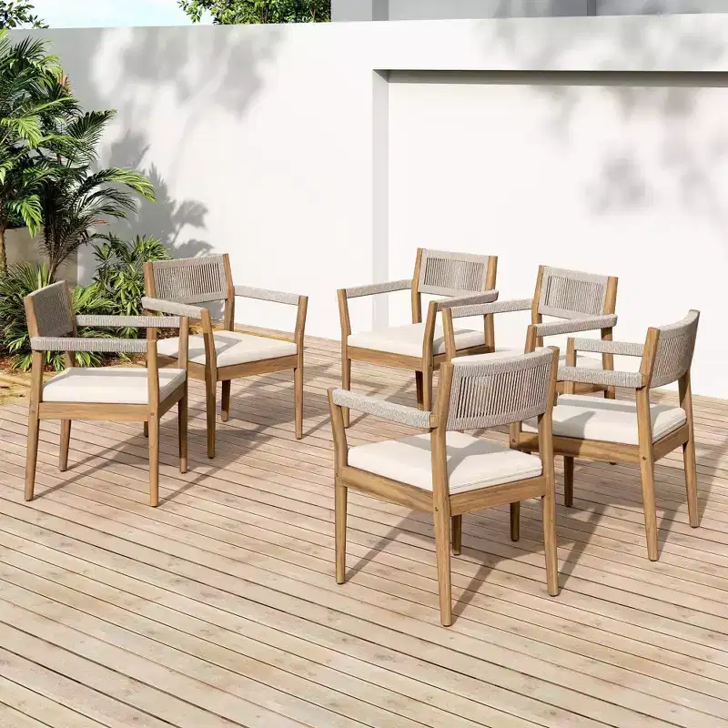 NAYSAYE Patio Dining Sets Braided Acacia Wood Dining Chairs with Cushions and Armrests for Garden Poolside, Cream and Beige, 23.25*21.5*32.25